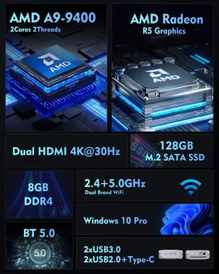 4K AMD Ryzen A9 9400 Ubuntu 8GB RAM 128GB PC APU Linux Mini-SSD